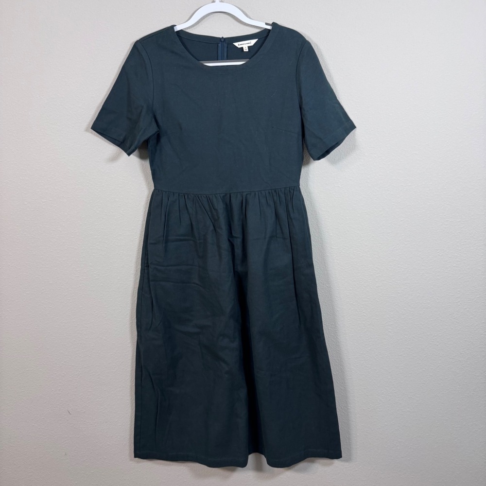 Bridge & Burn Forest Green Cotton Tencel Short Sleeve Pocket Midi Dress Small